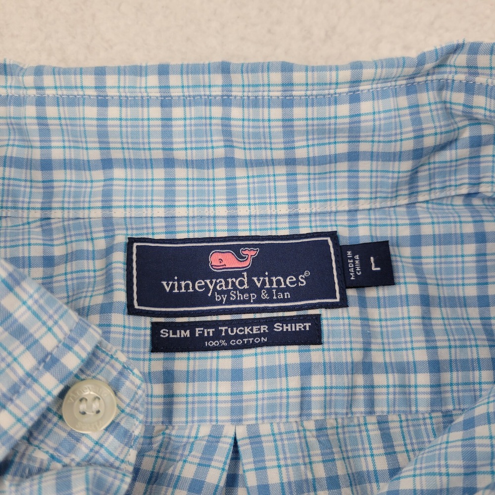 Vineyard Vines Slim Fit Tucker Shirt Mens Large L Slim Fit Blue White Plaid Cott - Picture 6 of 7